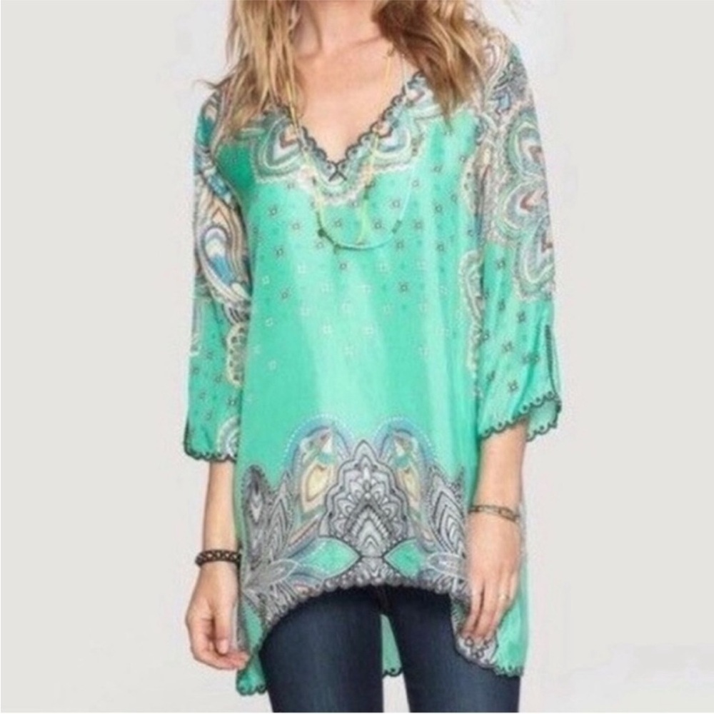 Johnny Was 100% Silk Mint Green Paisley Boho Tunic Top Scalloped V Neck Medium